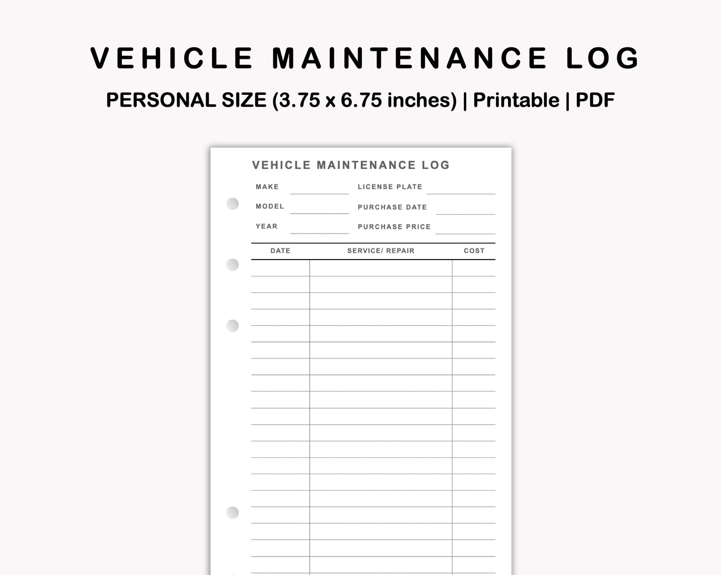 Personal Inserts - Vehicle Maintenance Log