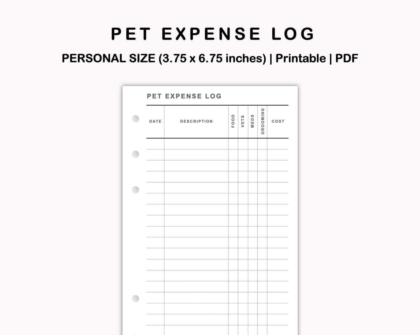 Personal Inserts - Pet Expense Log