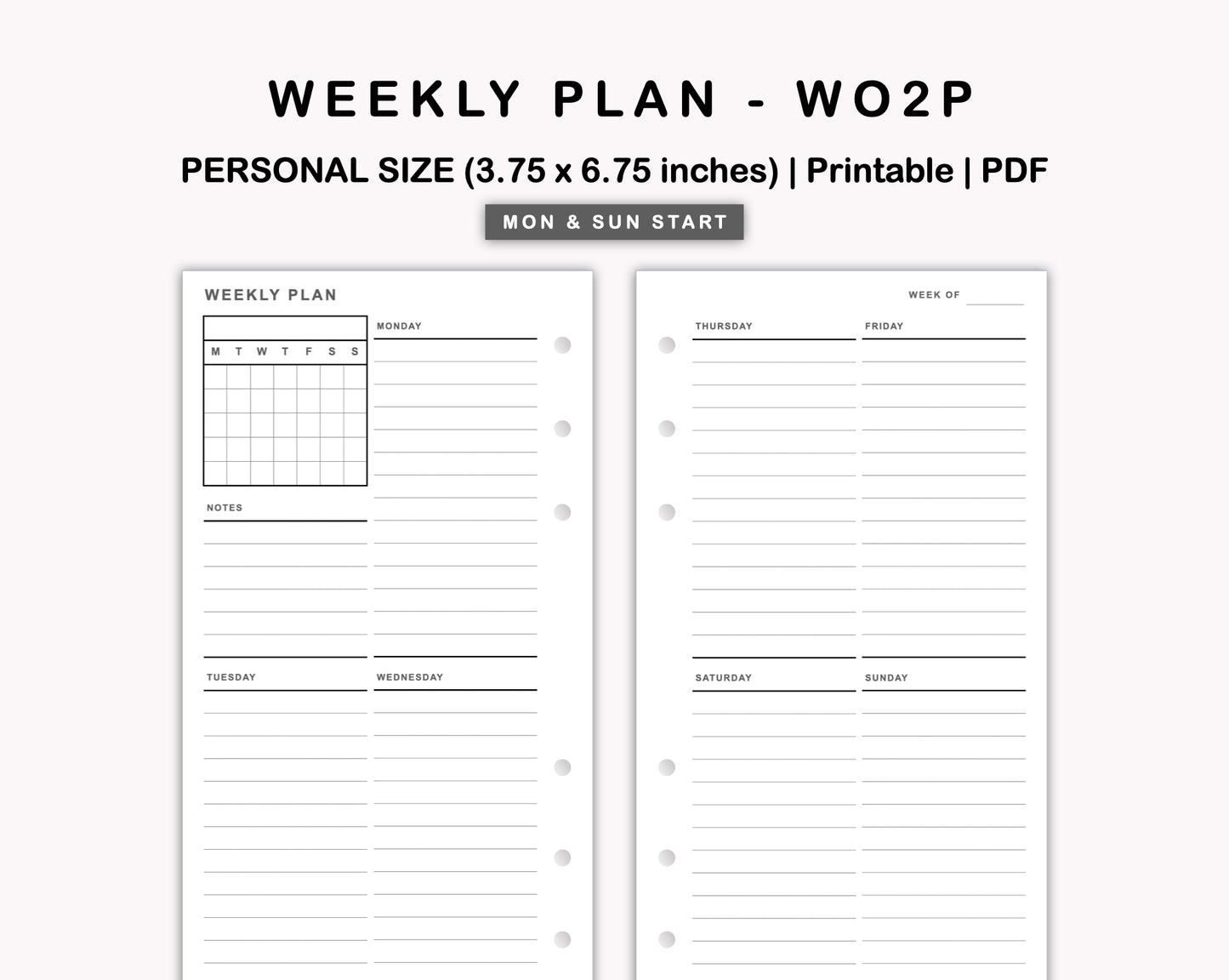 Personal Inserts - Weekly Plan - WO2P - with Calendar