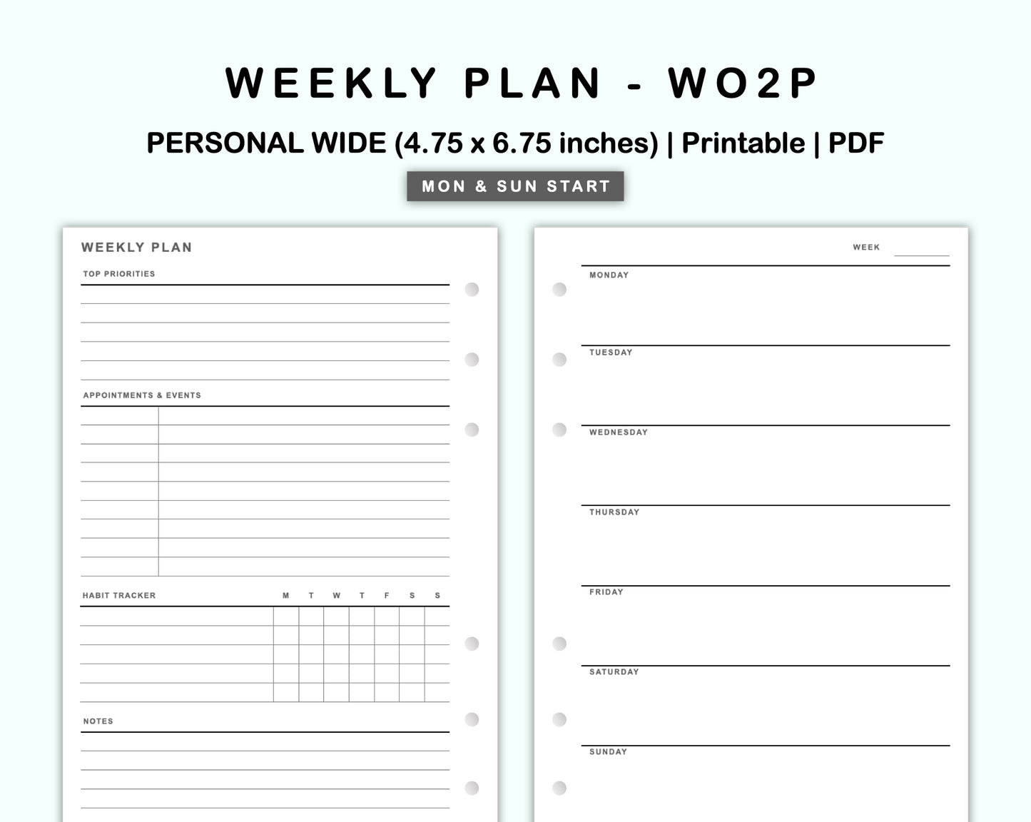 Personal Wide Inserts - Weekly Plan - WO2P - with Habit Tracker