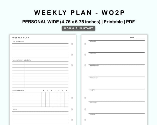 Personal Wide Inserts - Weekly Plan - WO2P - with Habit Tracker