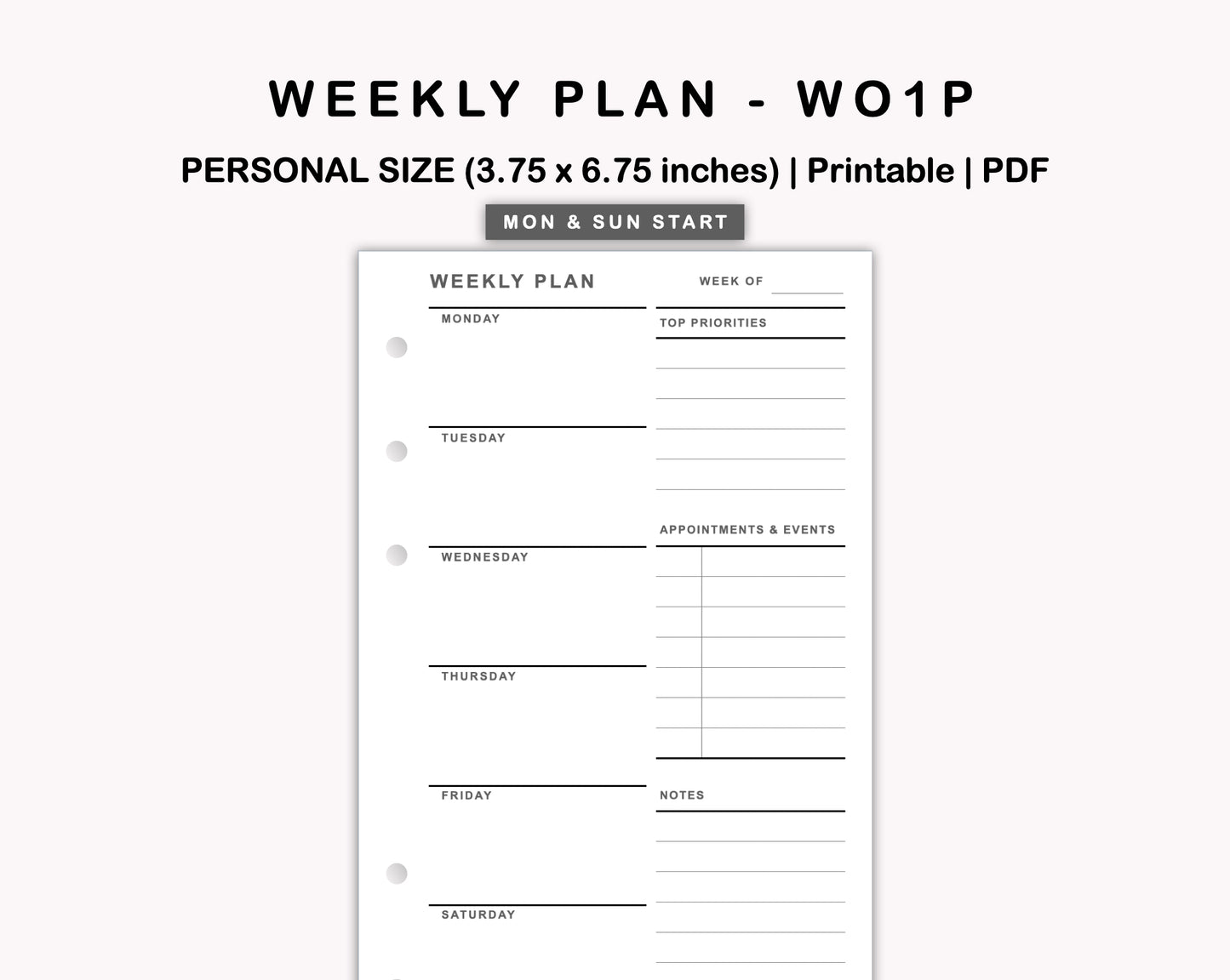 Personal Inserts - Weekly Plan - WO1P - with Top Priority