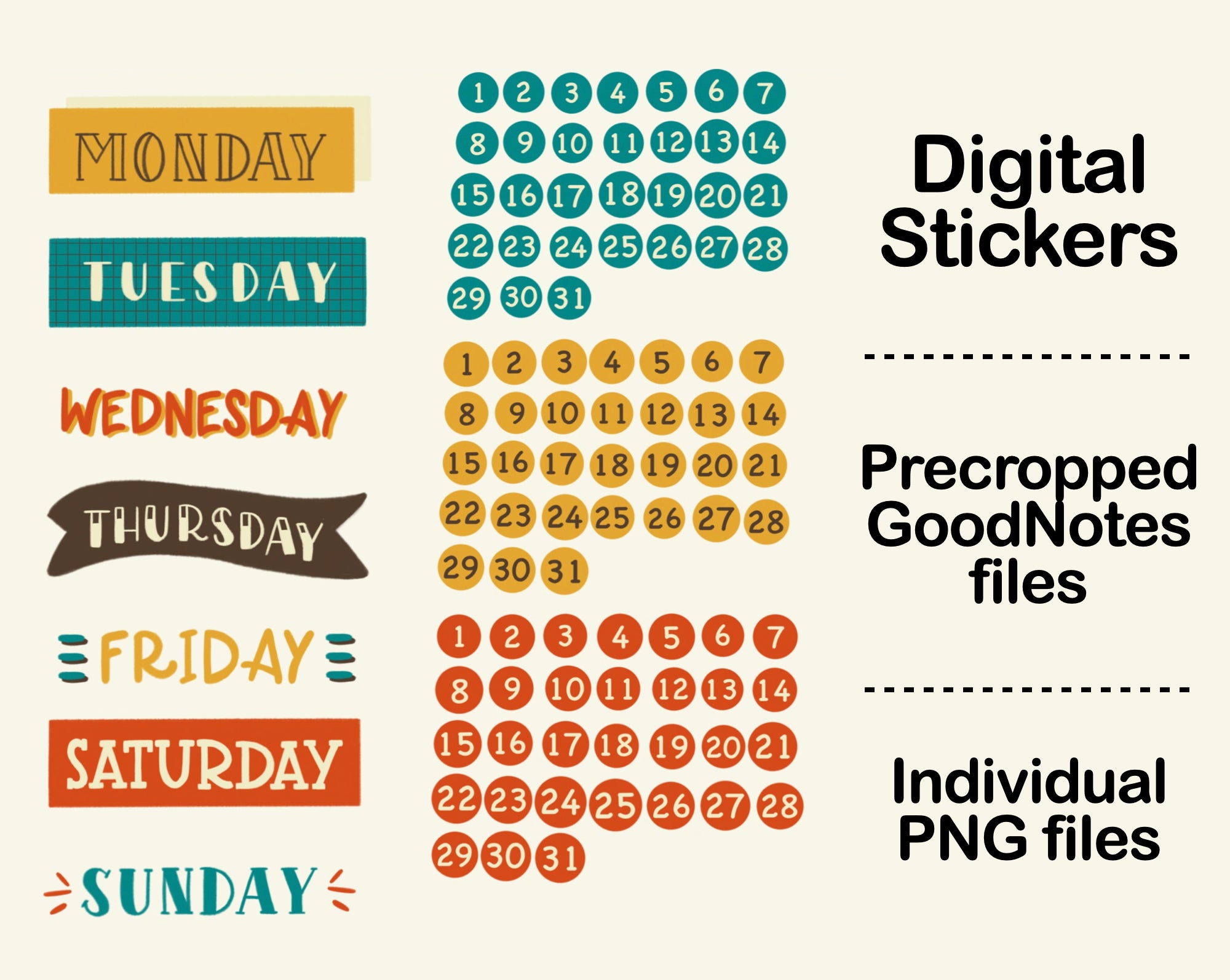 Day Code Stickers Digital Sticker - Days of the week and Date in Vintage theme – kjunstudio