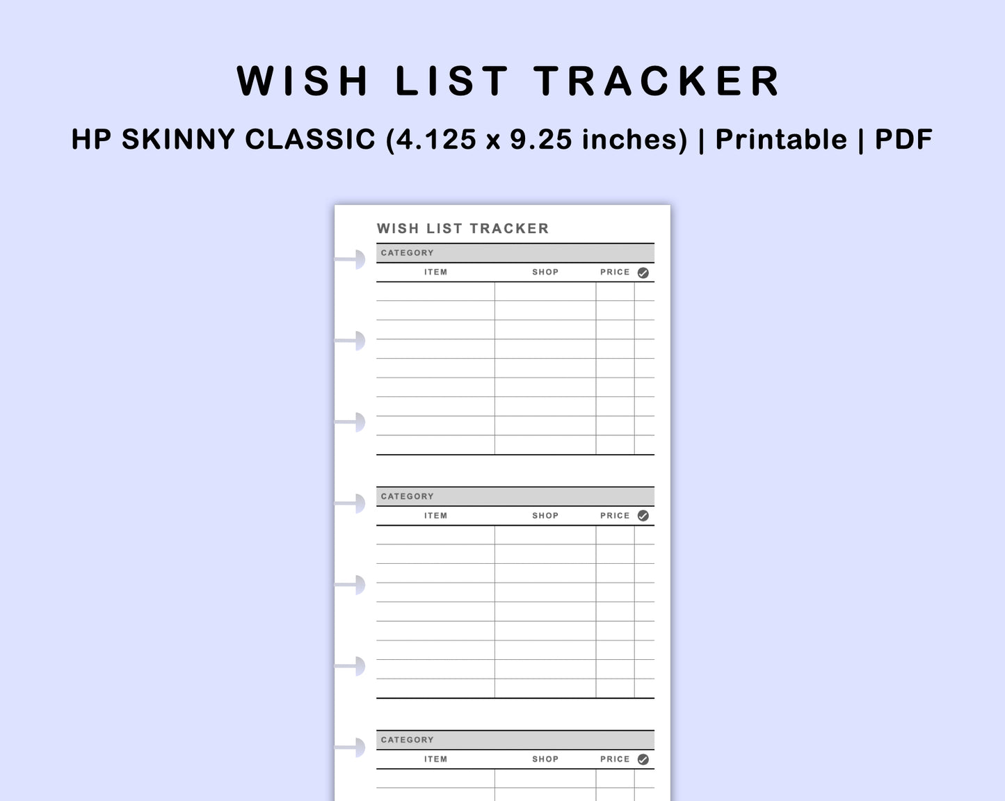 Skinny Classic HP Inserts - Wish List Tracker by Category