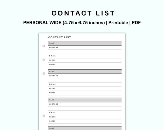 Personal Wide Inserts - Contact List