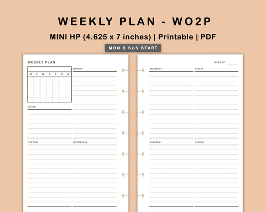 Mini Happy Planner Inserts - Weekly Plan - WO2P - with Calendar