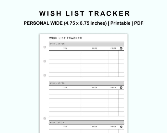 Personal Wide Inserts - Wish List Tracker by Wish List For