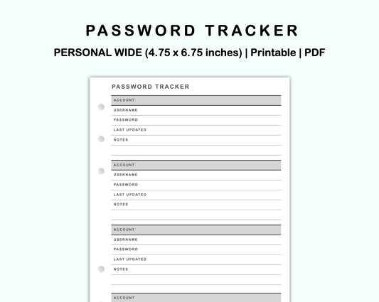 Personal Wide Inserts - Password Tracker
