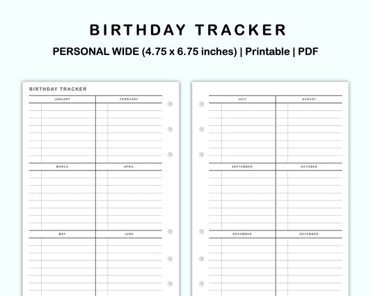 Personal Wide Inserts - Birthday Tracker