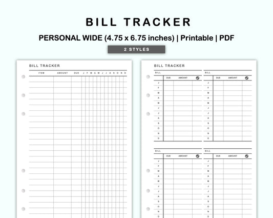 Personal Wide Inserts - Bill Tracker