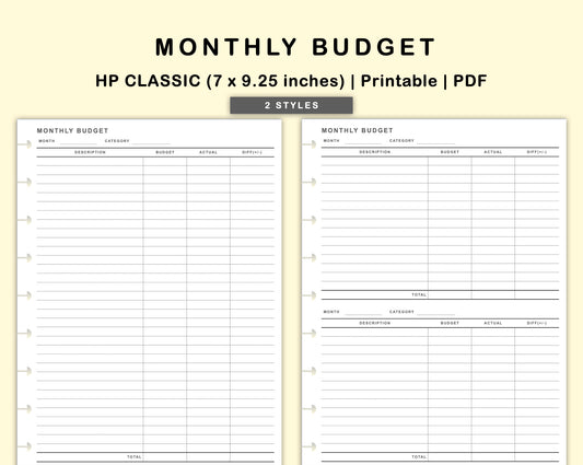 Classic HP Inserts - Monthly Budget