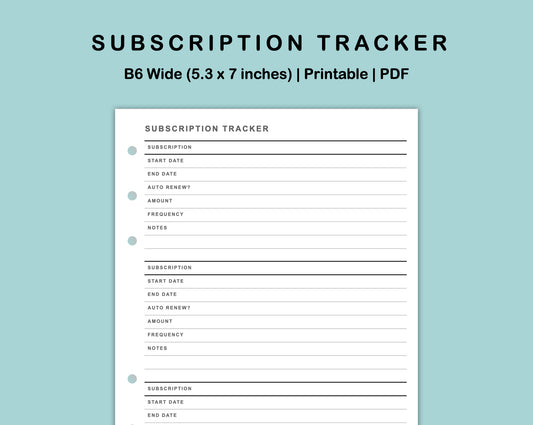 B6 Wide Inserts - Subscription Tracker