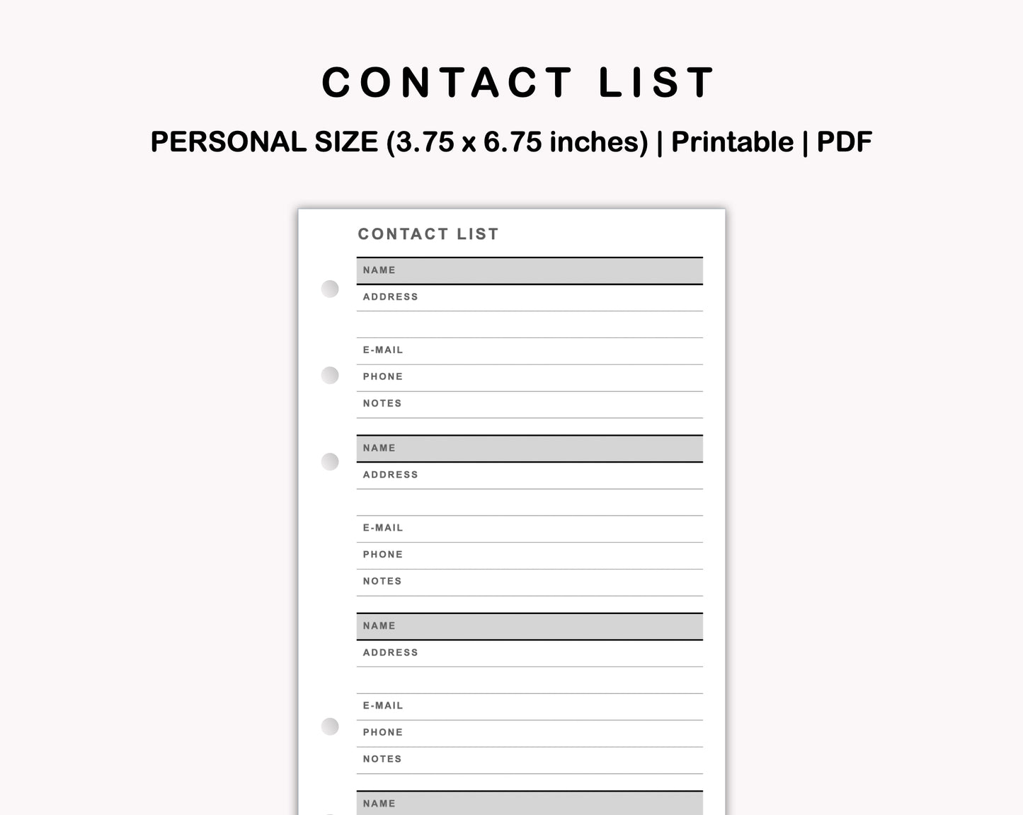 Personal Inserts - Contact List