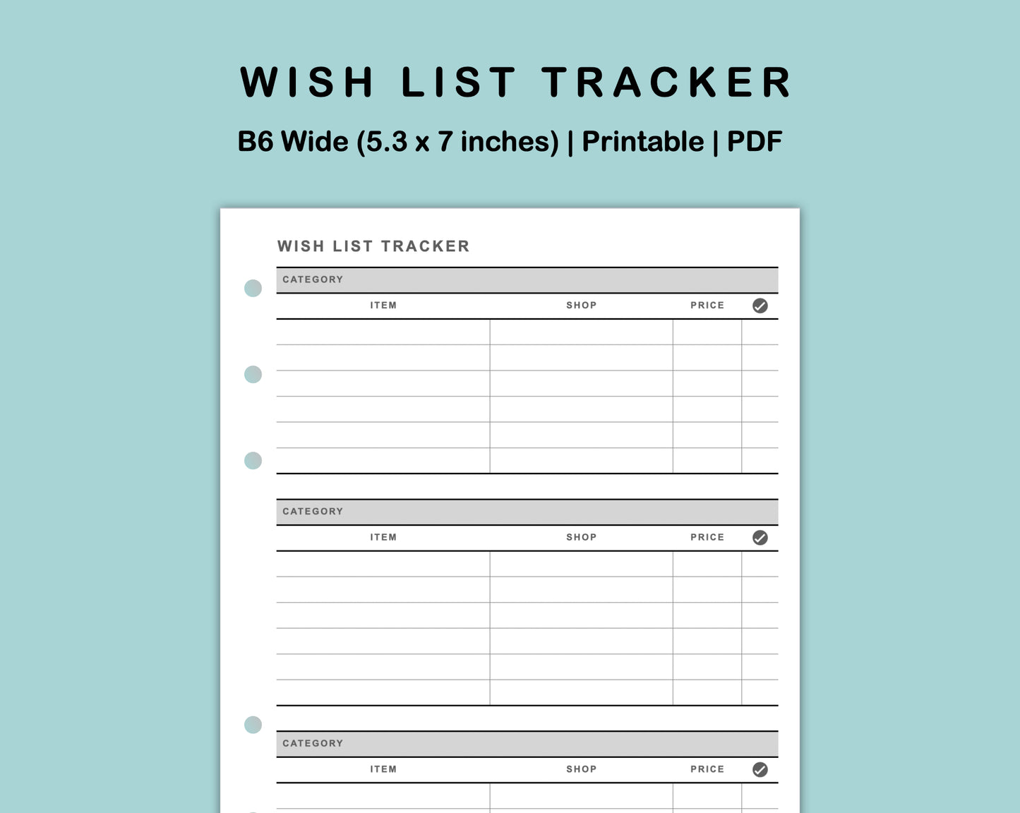 B6 Wide Inserts - Wish List Tracker by Category