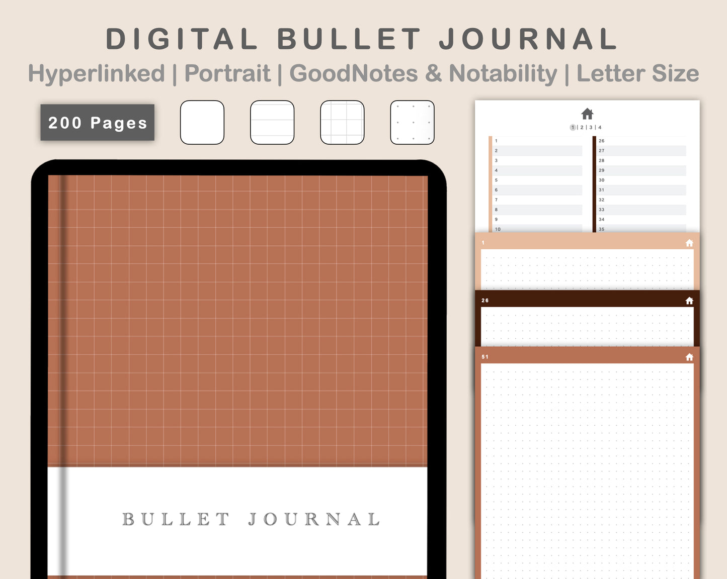 Digital Bullet Journal 200 Pages - Portrait - Brown