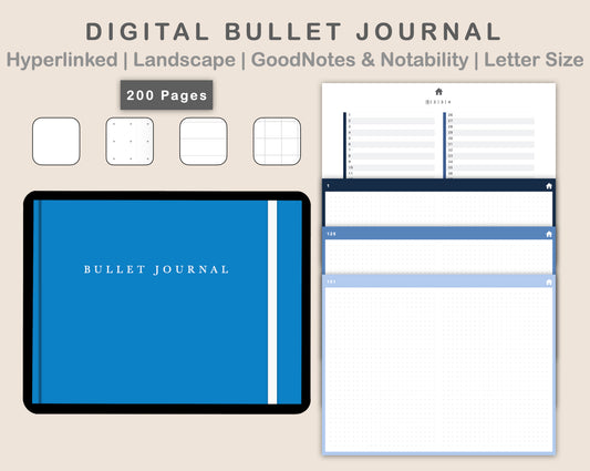Digital Bullet Journal 200 Pages - Landscape - Blue