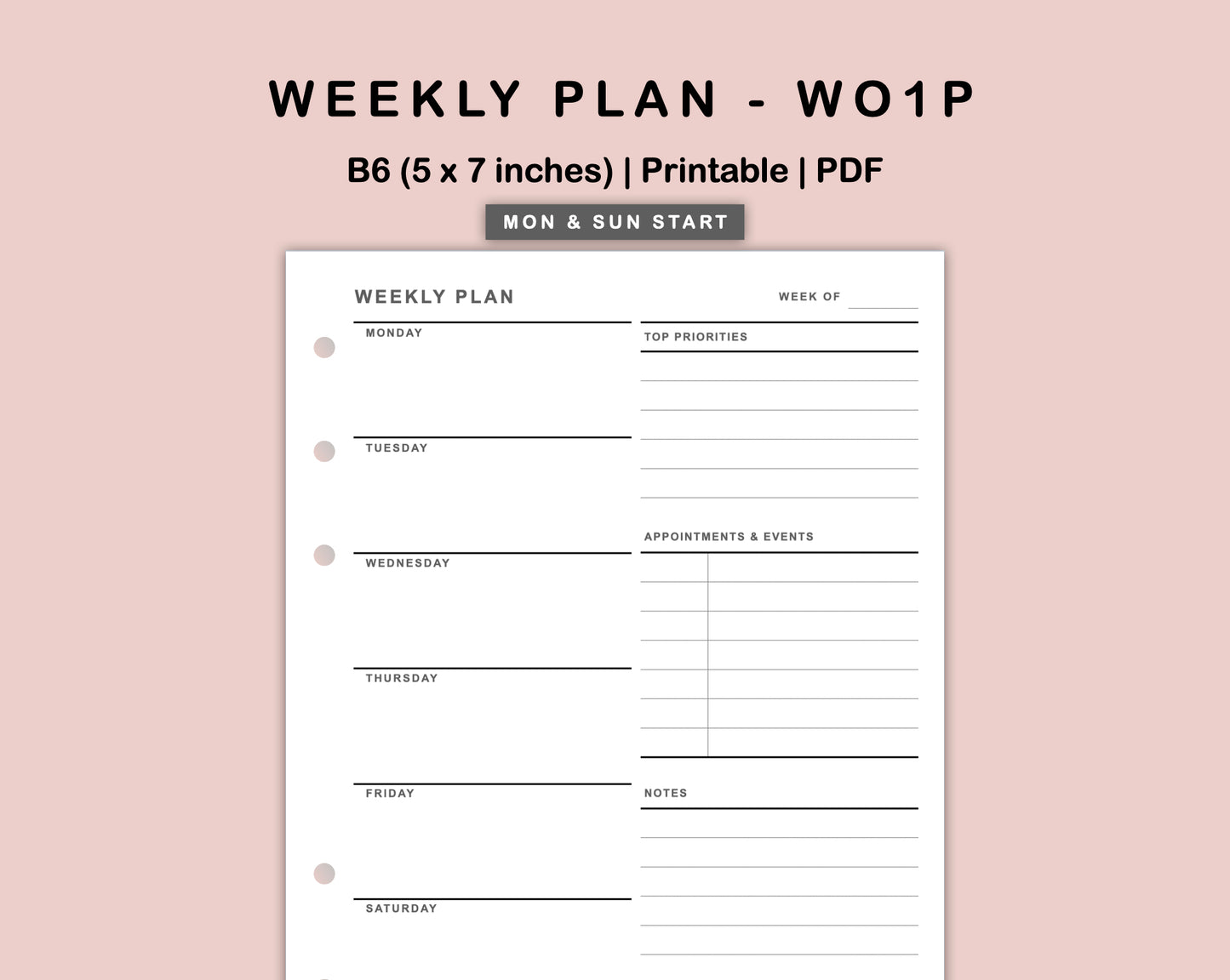 B6 Inserts - Weekly Plan - WO1P - with Top Priority