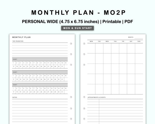 Personal Wide Inserts - Monthly Plan - MO2P - with Habit Tracker