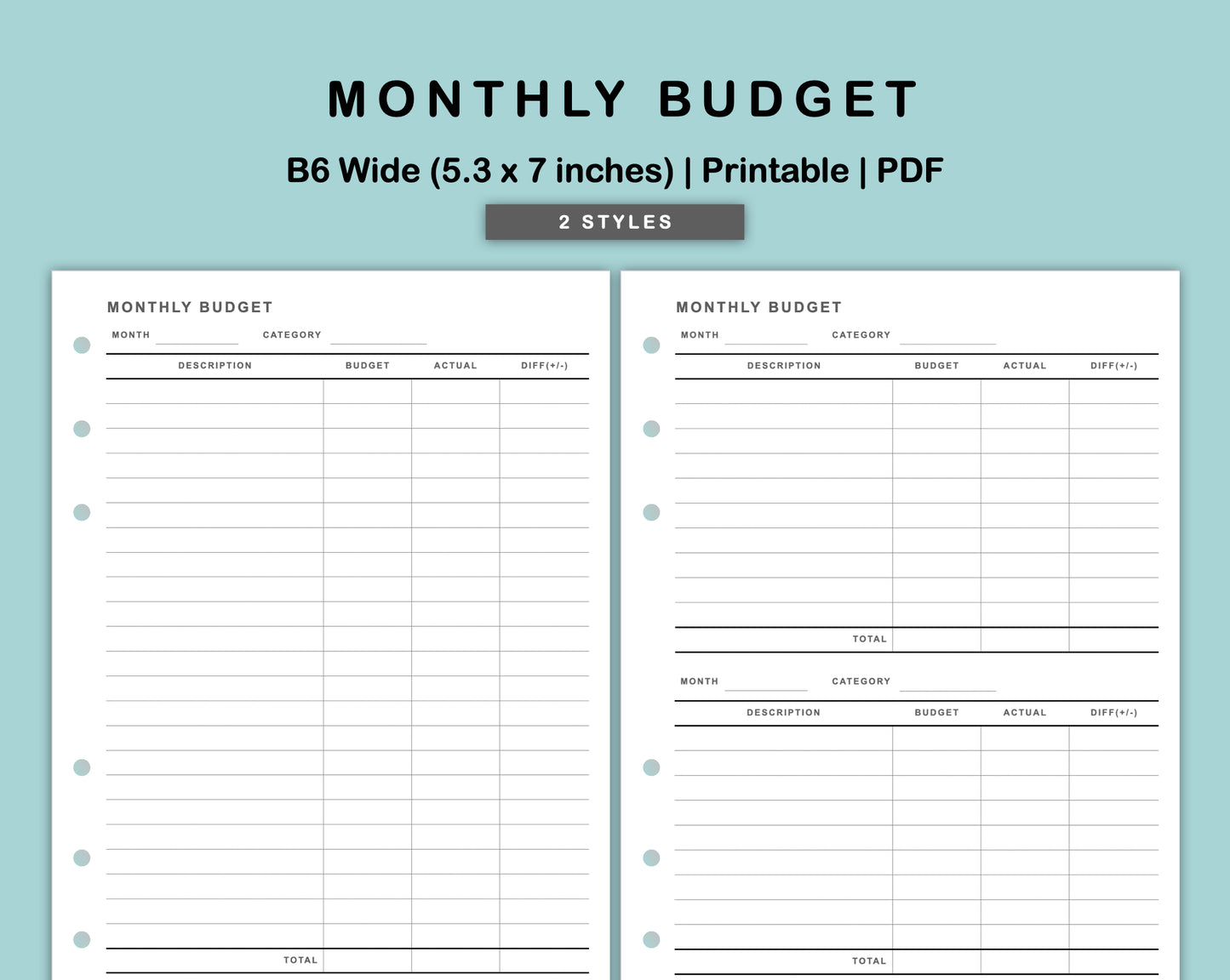 B6 Wide Inserts - Monthly Budget