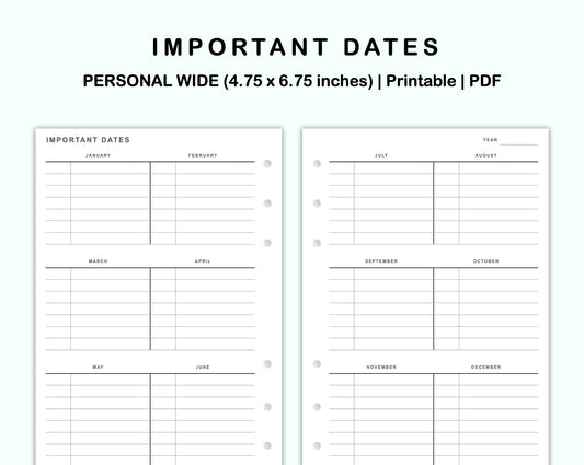 Personal Wide Inserts - Important Dates