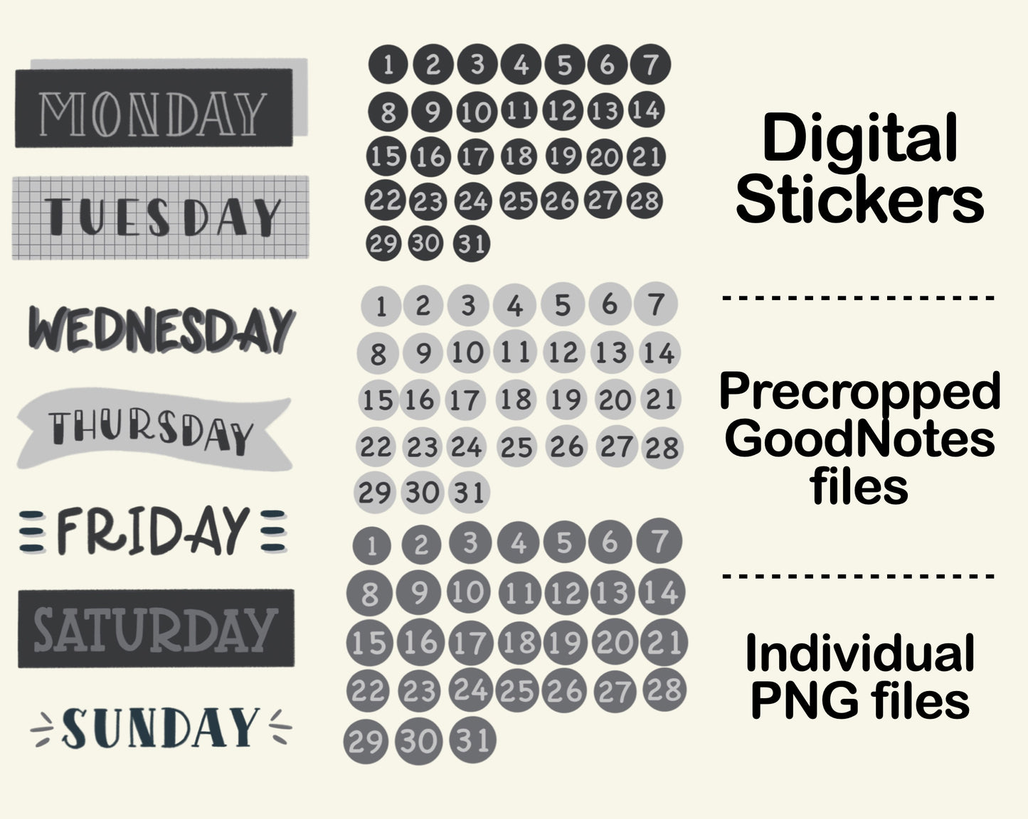 Digital Sticker - Days of the week and Date in monochrome theme