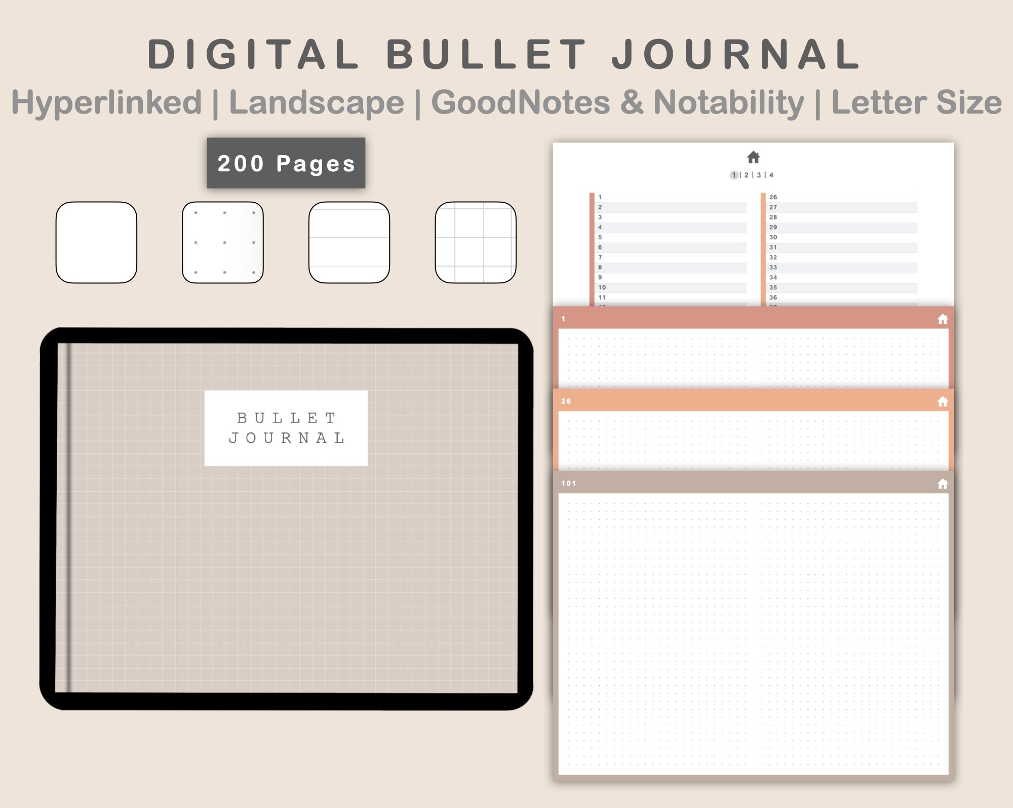 Digital Bullet Journal 200 Pages - Landscape - Neutral – kjunstudio