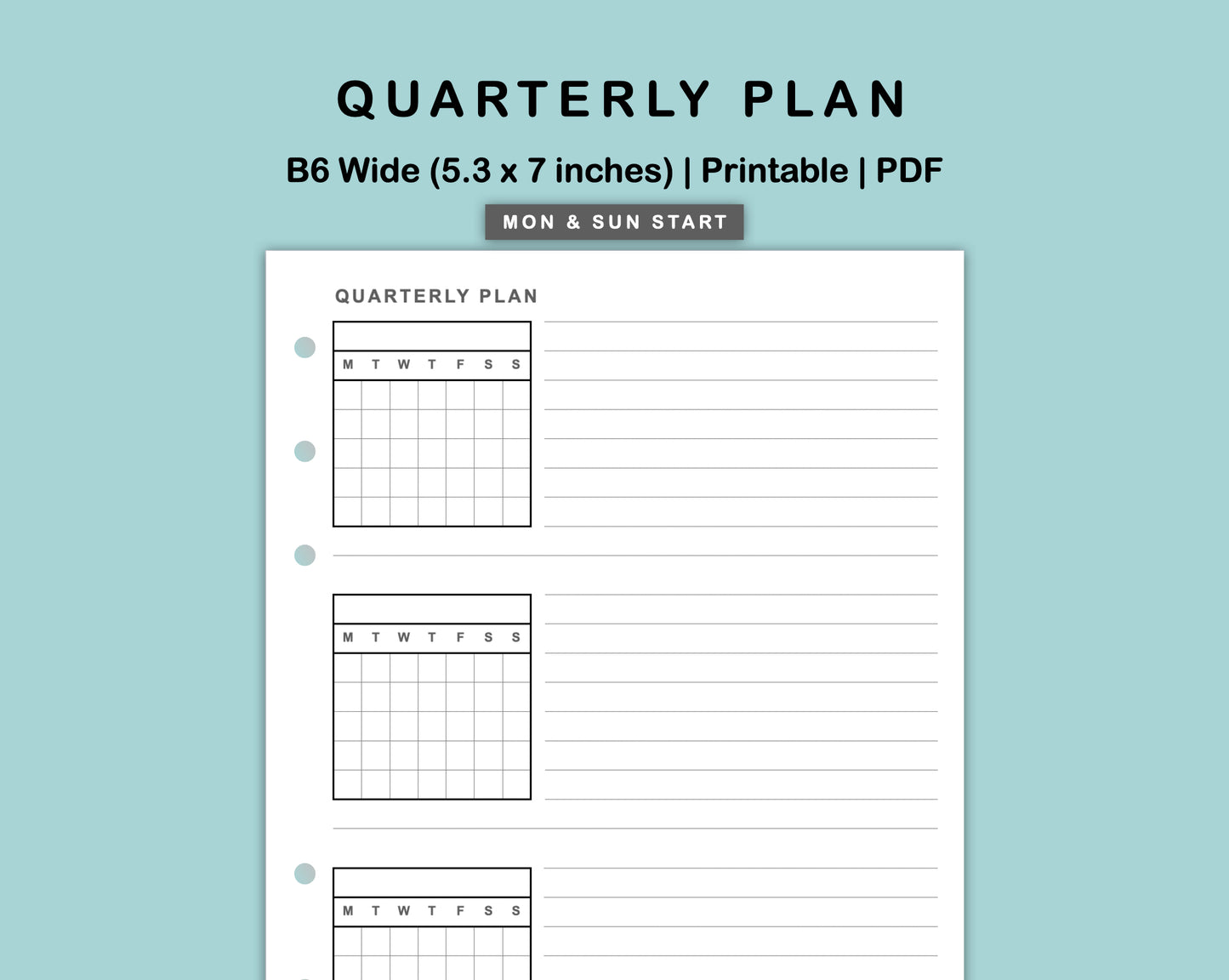 B6 Wide Inserts - Quarterly Plan with Calendar