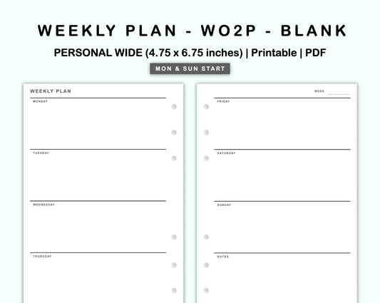 Personal Wide Inserts - Weekly Plan - WO2P - Blank