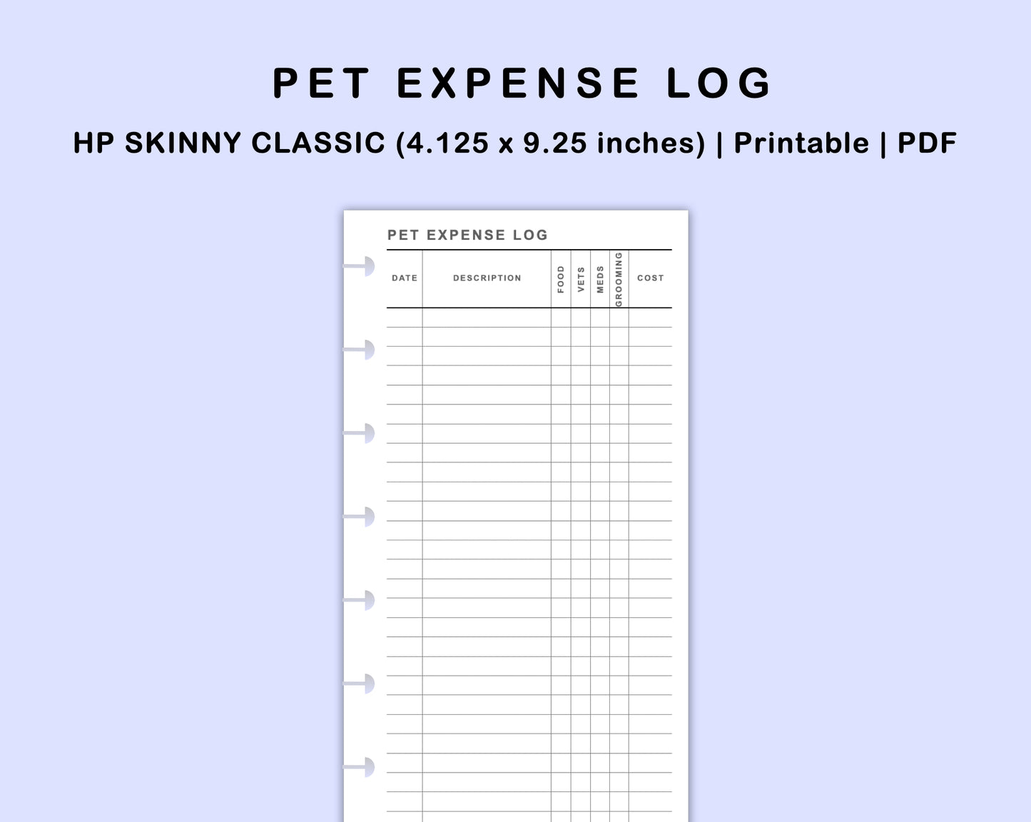 Skinny Classic HP Inserts - Pet Expense Log