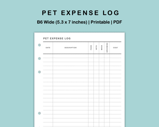 B6 Wide Inserts - Pet Expense Log