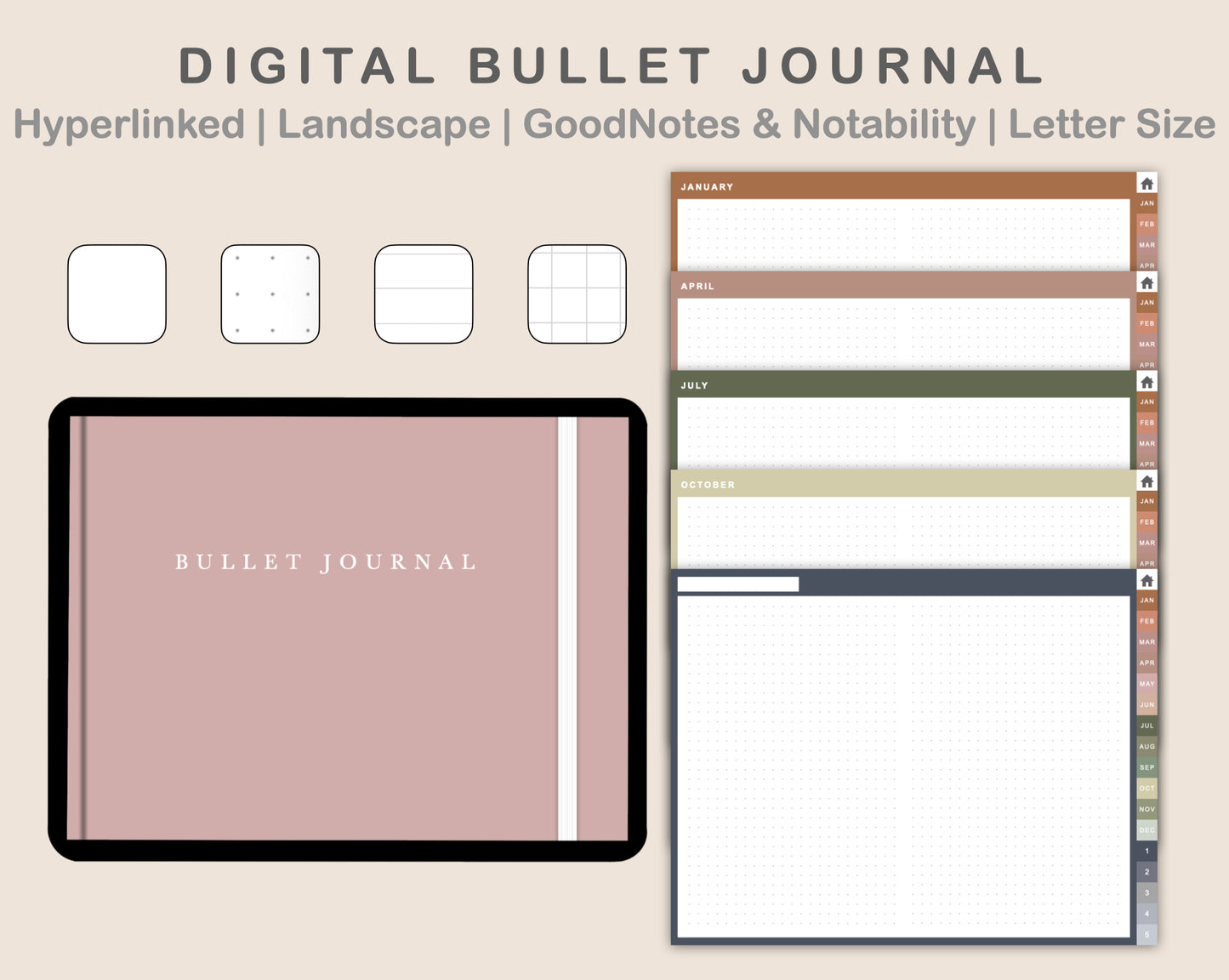 Digital Bullet Journal - 12 Months - Landscape - Neutral