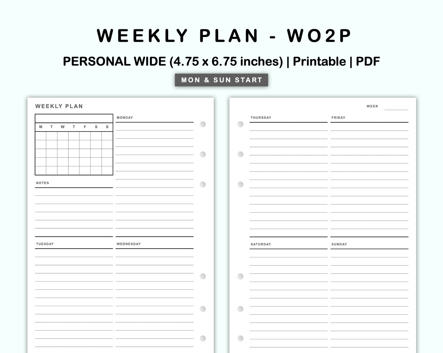 Personal Wide Inserts - Weekly Plan - WO2P - with Calendar