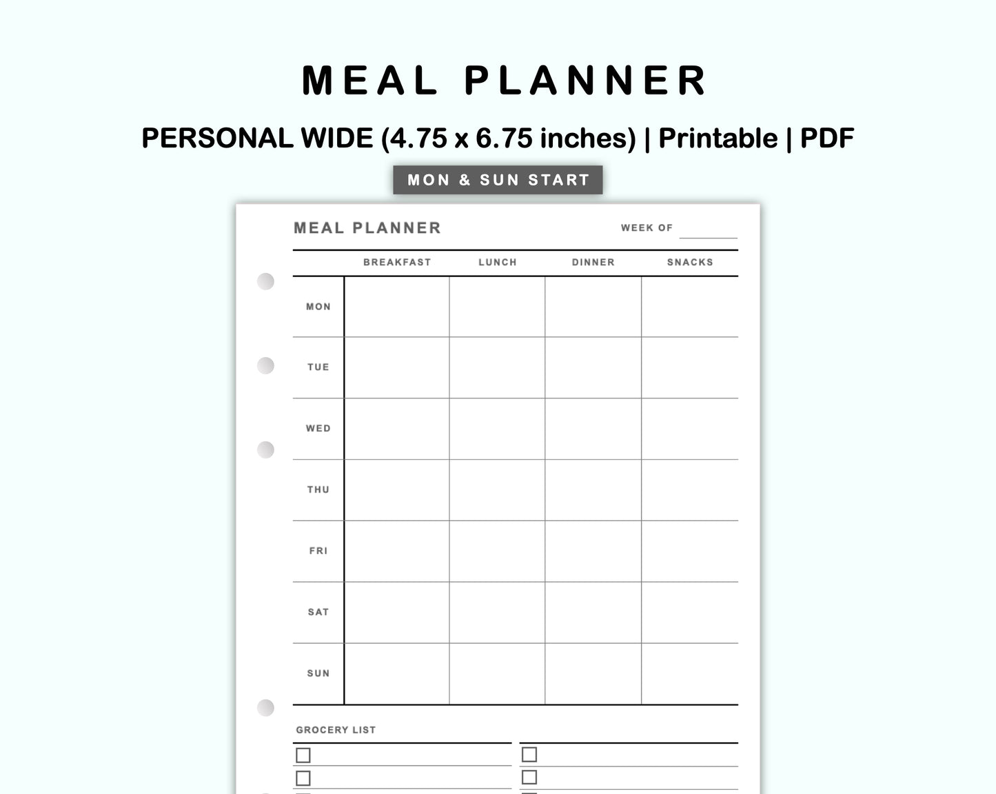 Personal Wide Inserts - Meal Planner with Grocery List