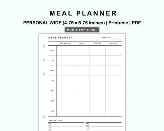 Personal Wide Inserts - Meal Planner with Grocery List