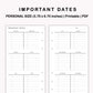 Personal Inserts - Important Dates
