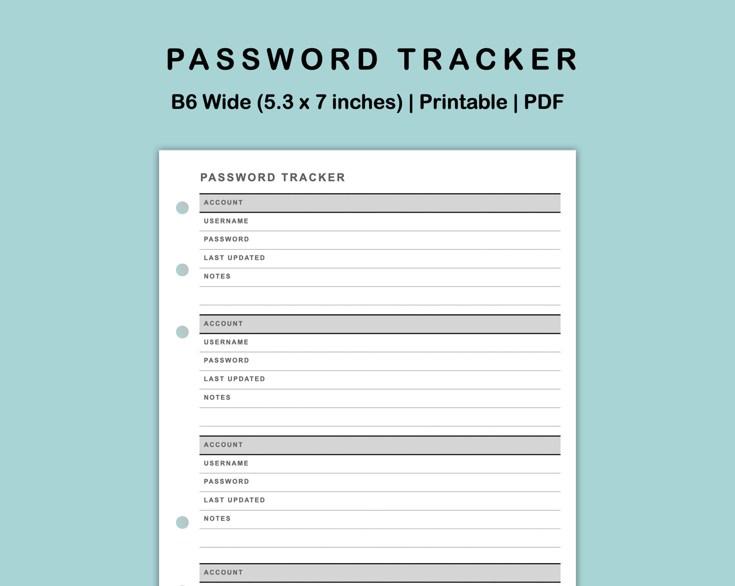 B6 Wide Inserts - Password Tracker