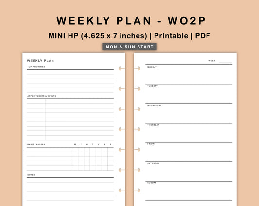 Mini Happy Planner Inserts - Weekly Plan - WO2P - with Habit Tracker