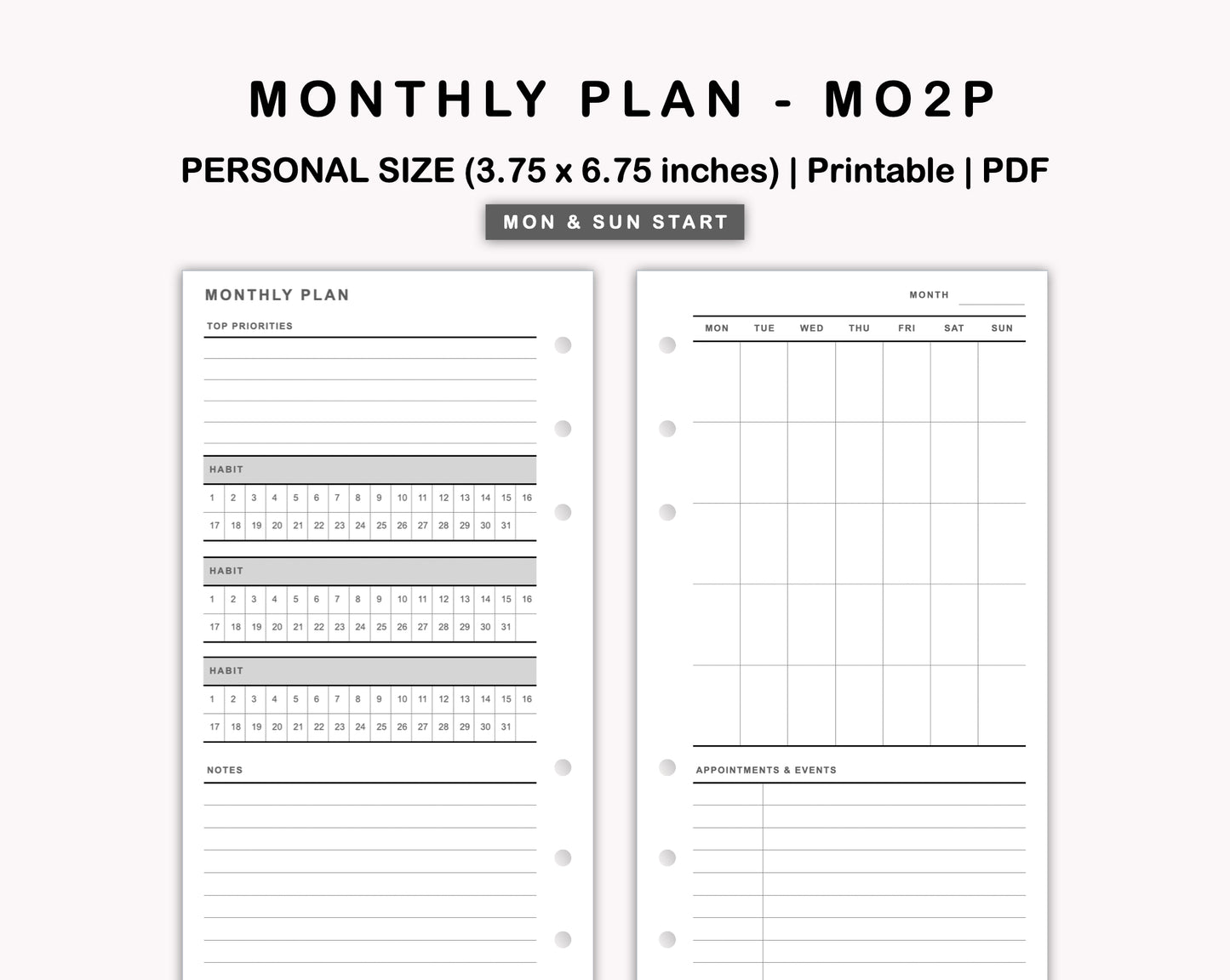 Personal Inserts - Monthly Plan - MO2P - with Habit Tracker
