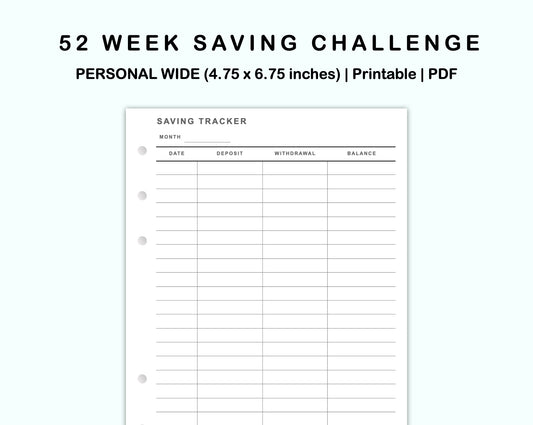 Personal Wide Inserts - 52 Week Saving Challenge