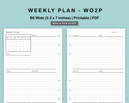 B6 Wide Inserts - Weekly Plan - WO2P - with Calendar