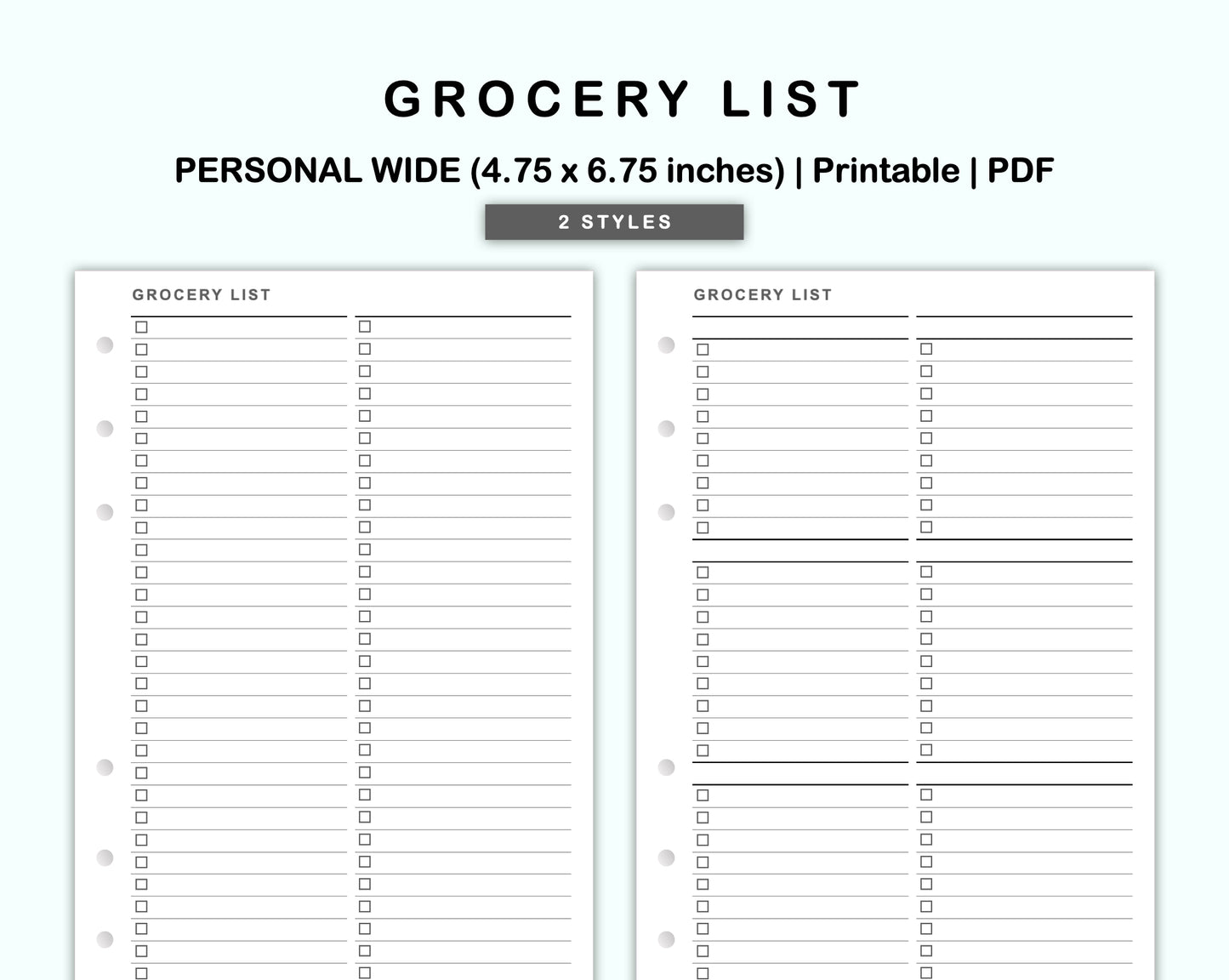 Personal Wide Inserts - Grocery List