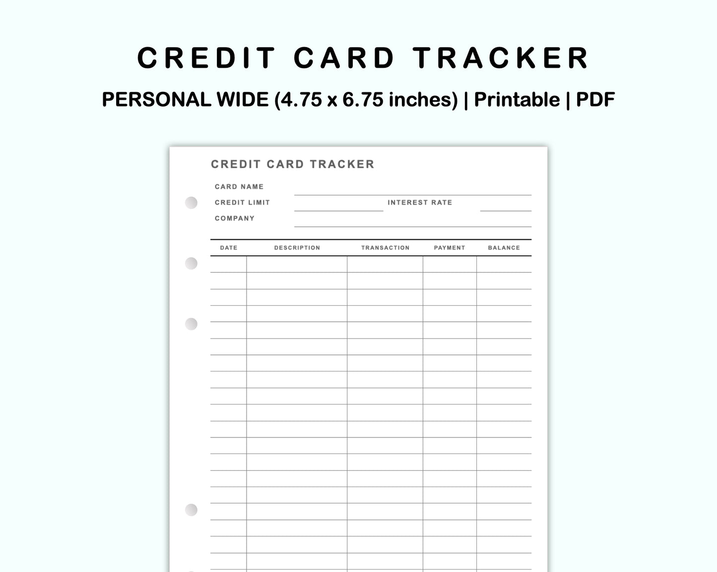 Personal Wide Inserts - Credit Card Tracker