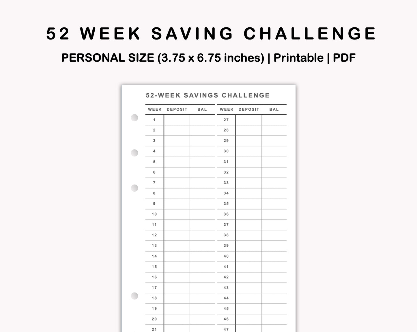Personal Inserts - 52 Week Saving Challenge