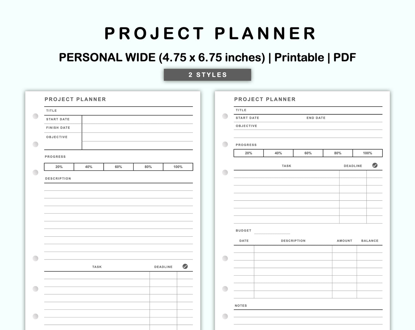 Personal Wide Inserts - Project Planner