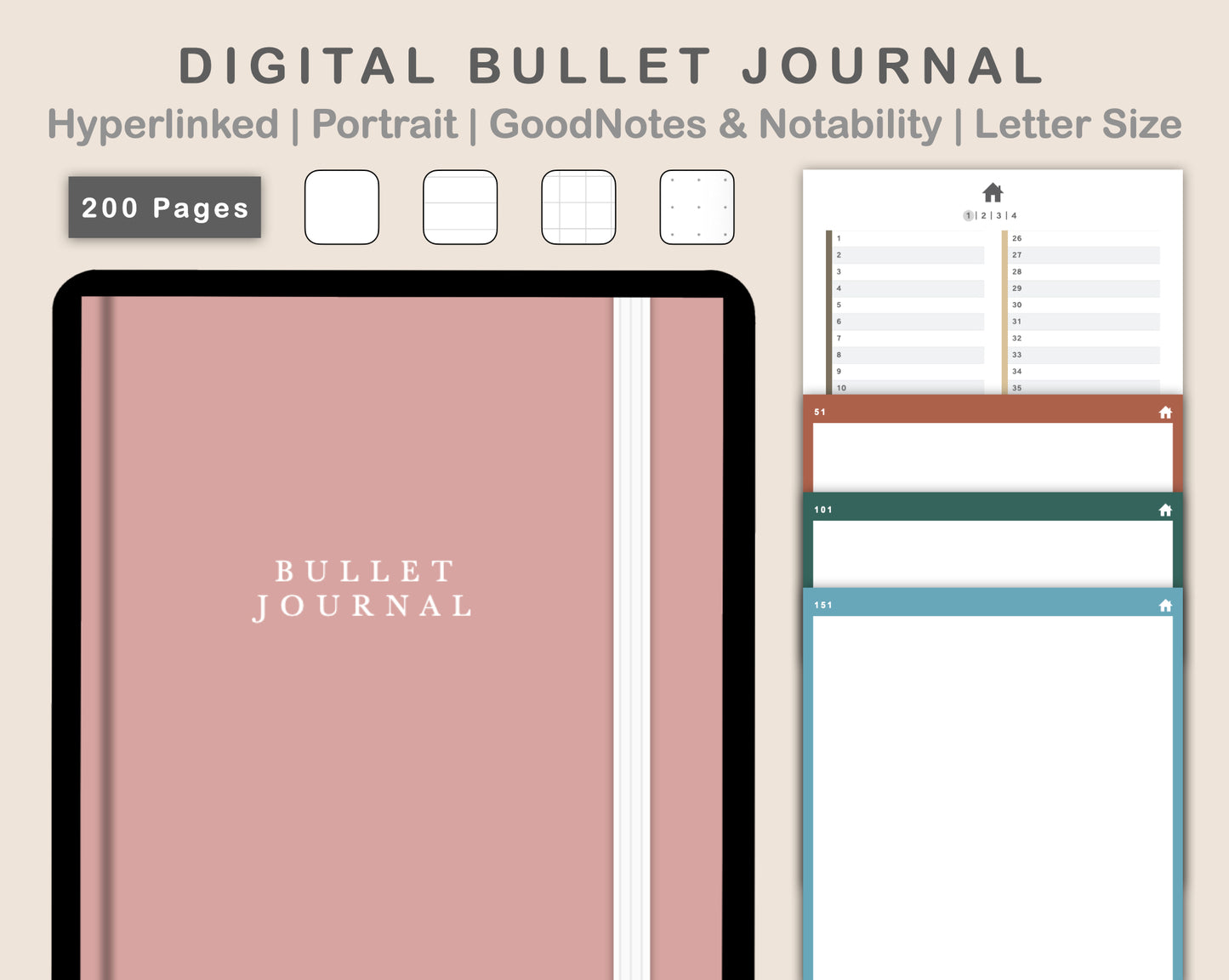 Digital Bullet Journal 200 Pages - Portrait - Muted