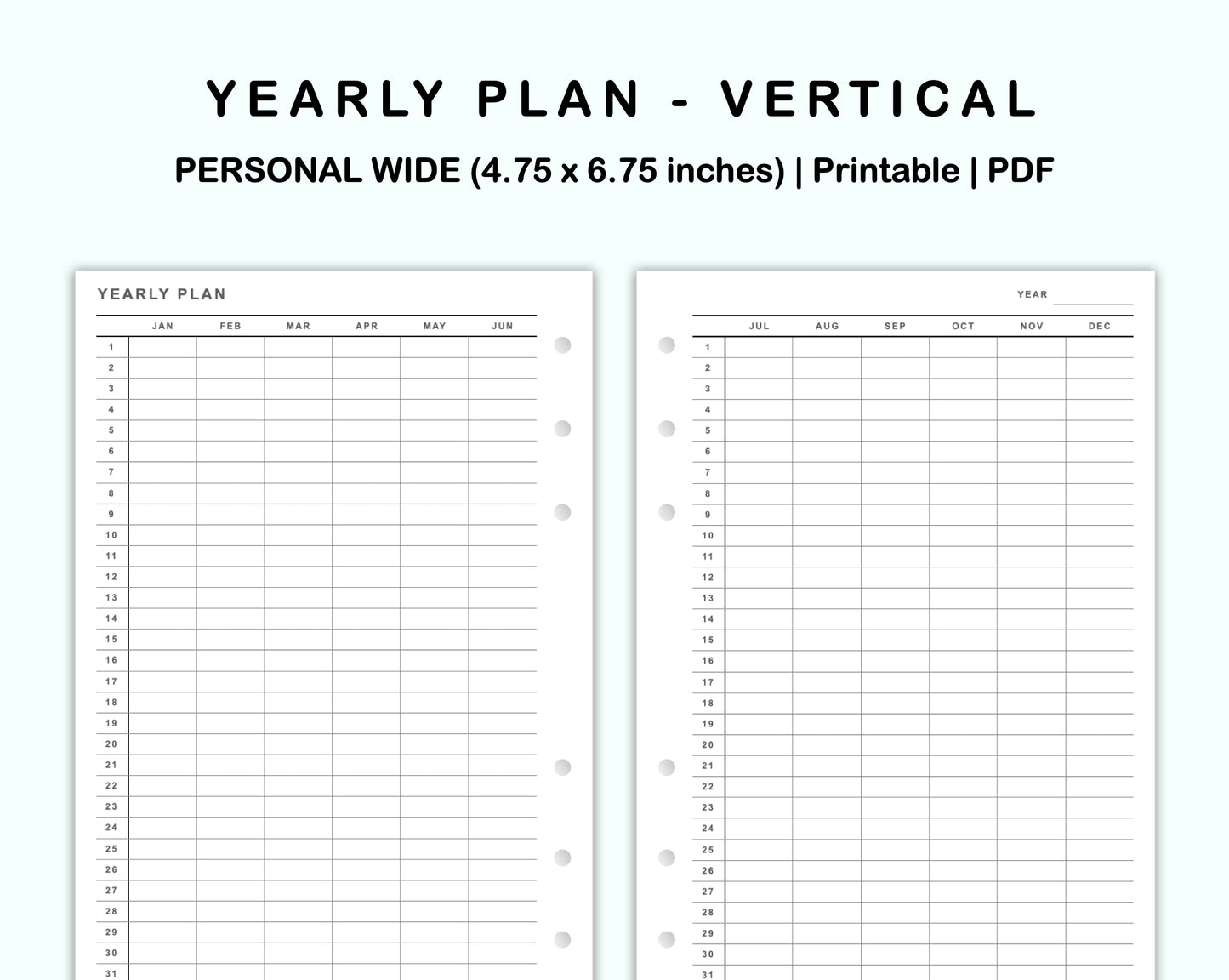 Personal Wide Inserts - Yearly Plan - Vertical