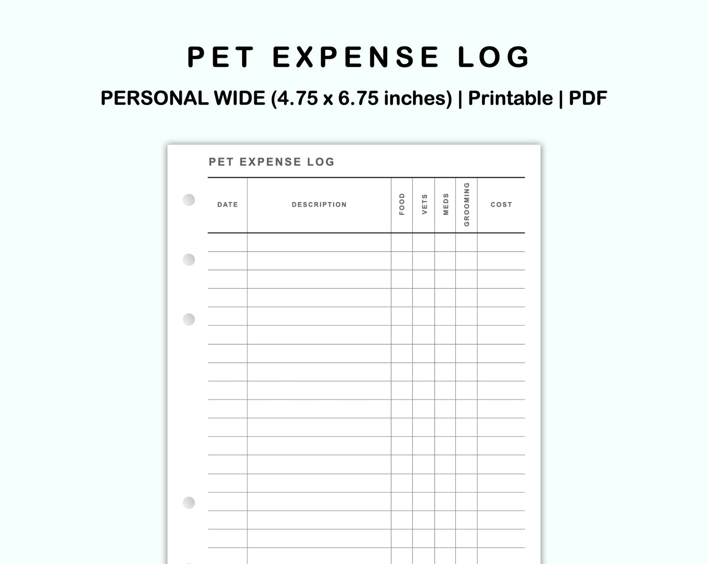 Personal Wide Inserts - Pet Expense Log