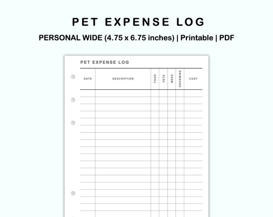 Personal Wide Inserts - Pet Expense Log