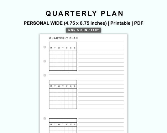 Personal Wide Inserts - Quarterly Plan with Calendar