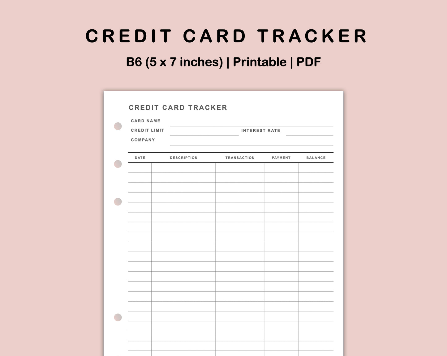 B6 Inserts - Credit Card Tracker